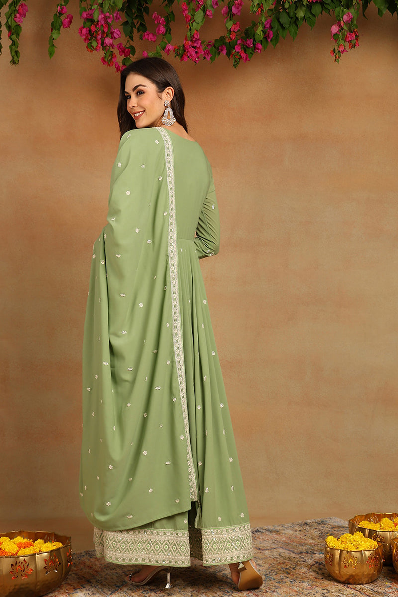 Green Georgette Embroidered Thread Work Flared Kurta Set | SHOBITAM
