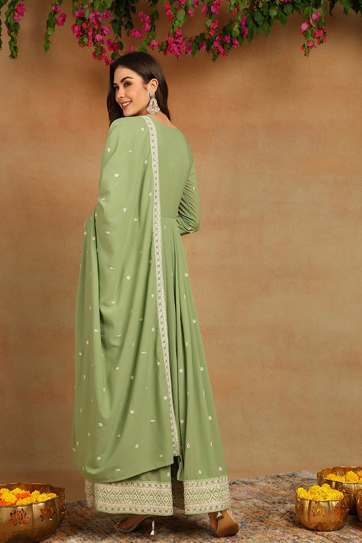 Green Georgette Embroidered Thread Work Flared Kurta Set | SHOBITAM