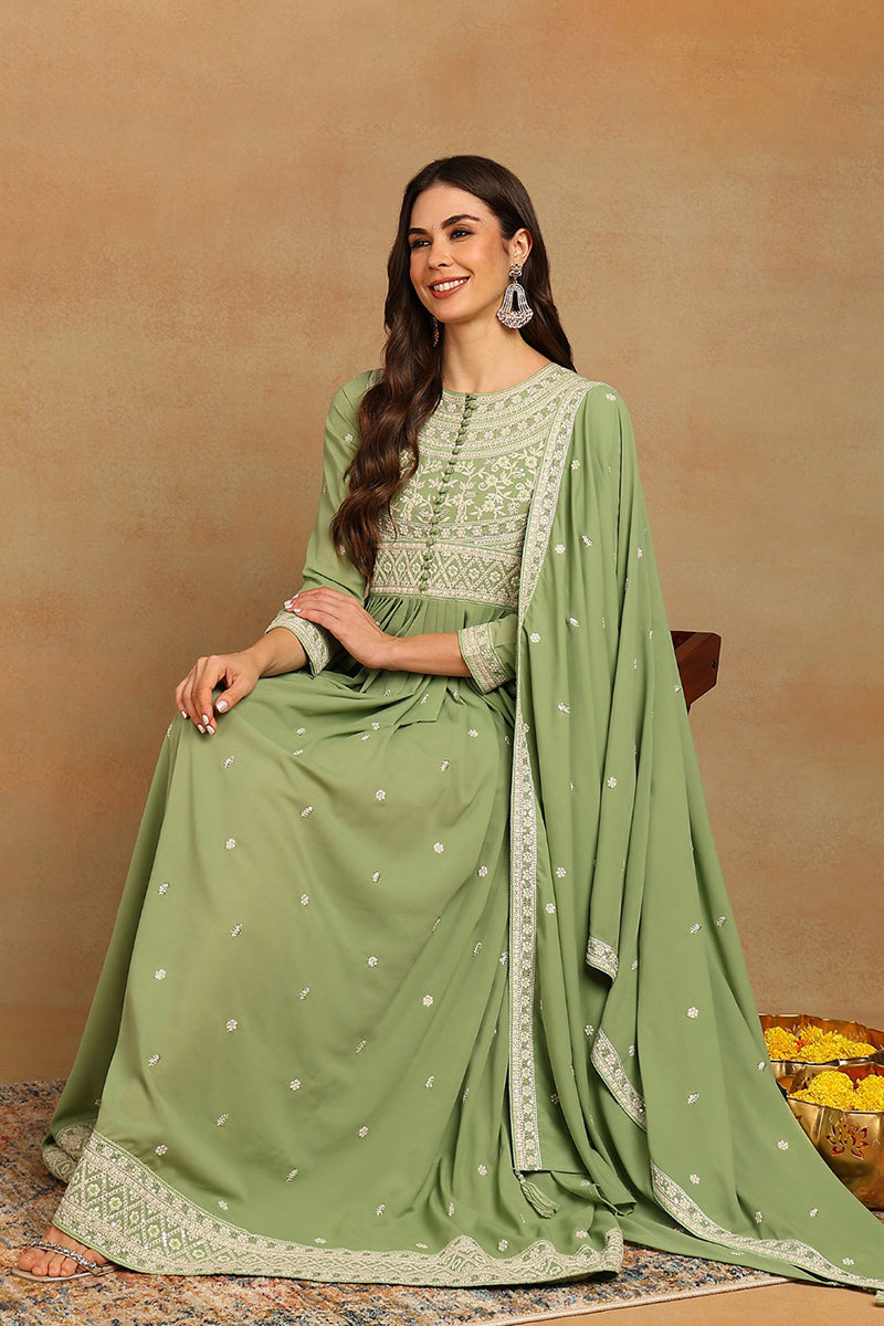 Green Georgette Embroidered Thread Work Flared Kurta Set | SHOBITAM