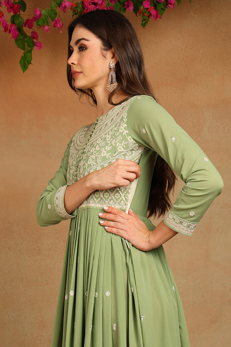 Green Georgette Embroidered Thread Work Flared Kurta Set | SHOBITAM