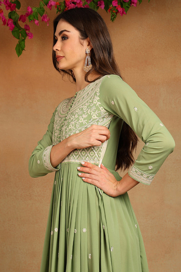 Green Georgette Embroidered Thread Work Flared Kurta Set | SHOBITAM