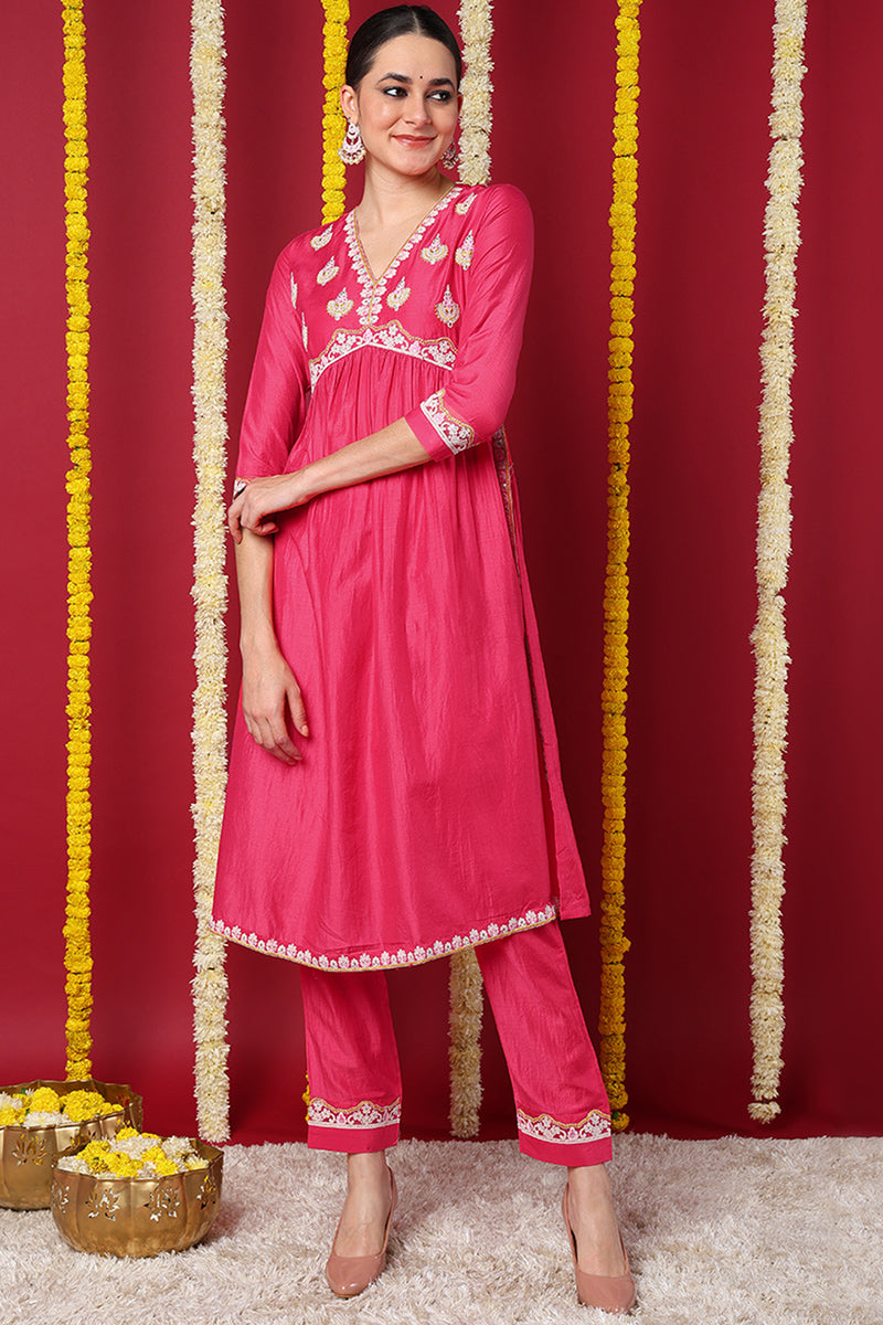 Pink Silk Blend Solid Embroidered Flared Kurta Set | SHOBITAM