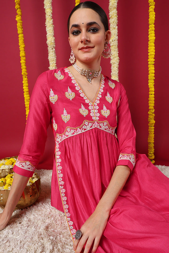 Pink Silk Blend Solid Embroidered Flared Kurta Set | SHOBITAM
