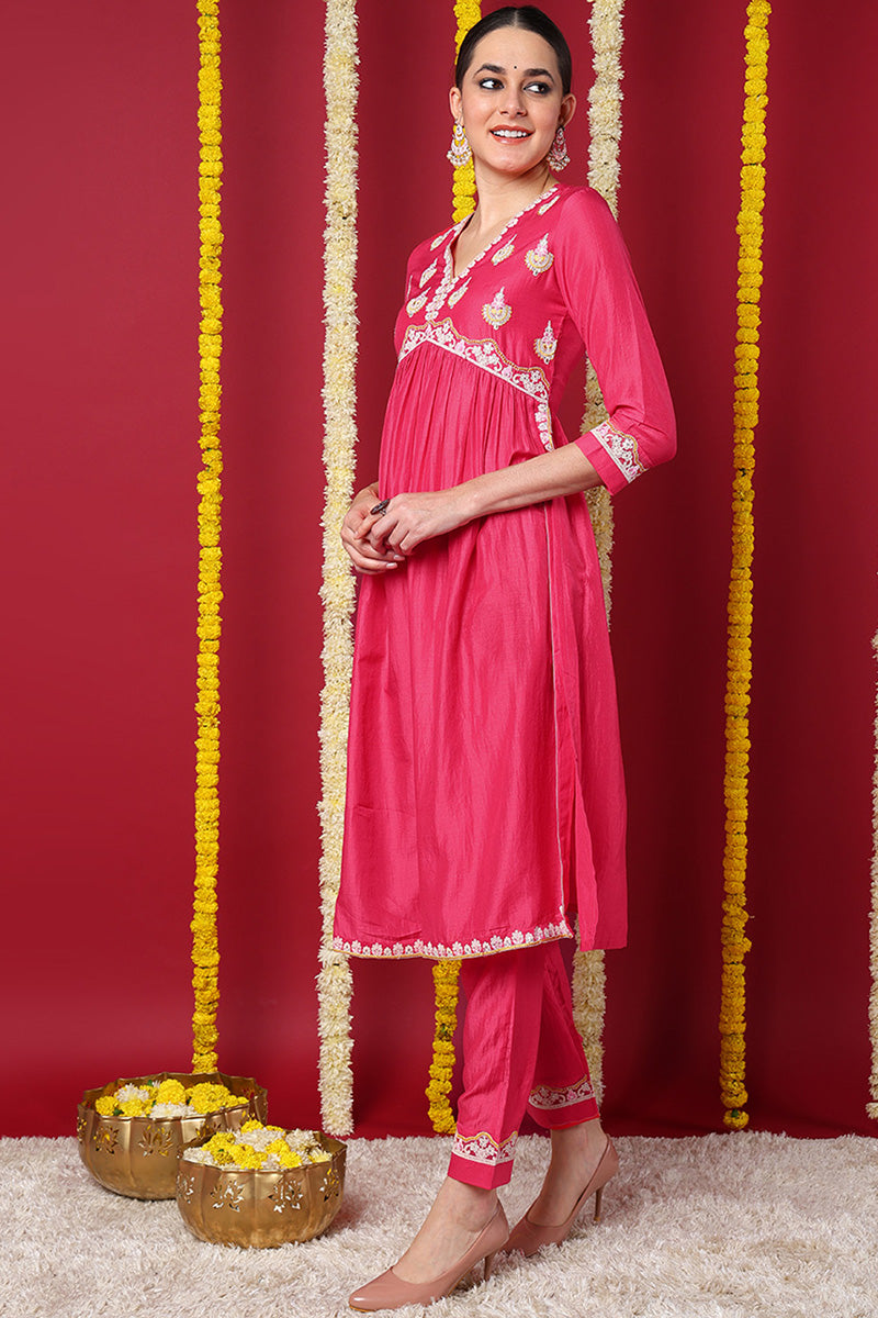 Pink Silk Blend Solid Embroidered Flared Kurta Set | SHOBITAM