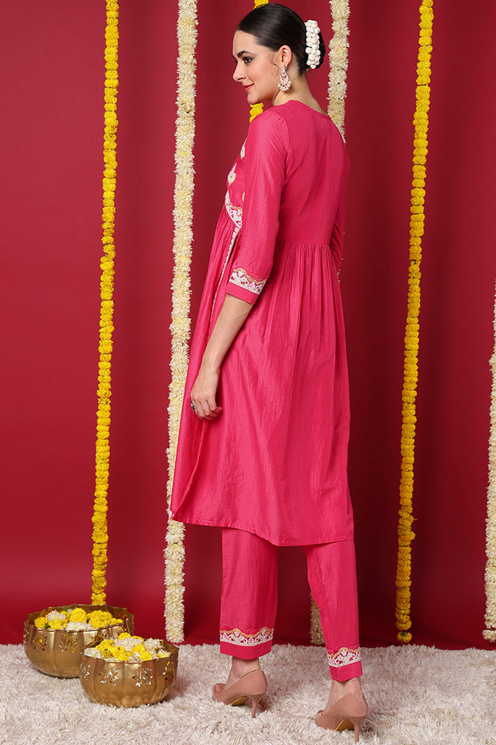 Pink Silk Blend Solid Embroidered Flared Kurta Set | SHOBITAM