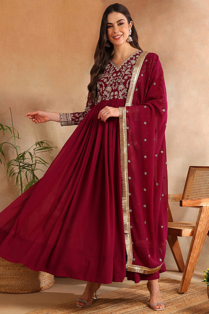 Burgundy Georgette Solid Embroidered Anarkali Gown with Dupatta  | SHOBITAM