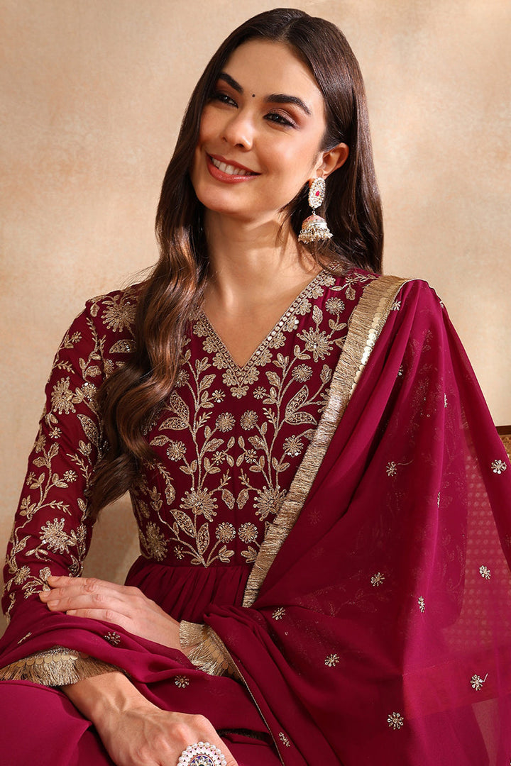 Burgundy Georgette Solid Embroidered Anarkali Gown with Dupatta  | SHOBITAM