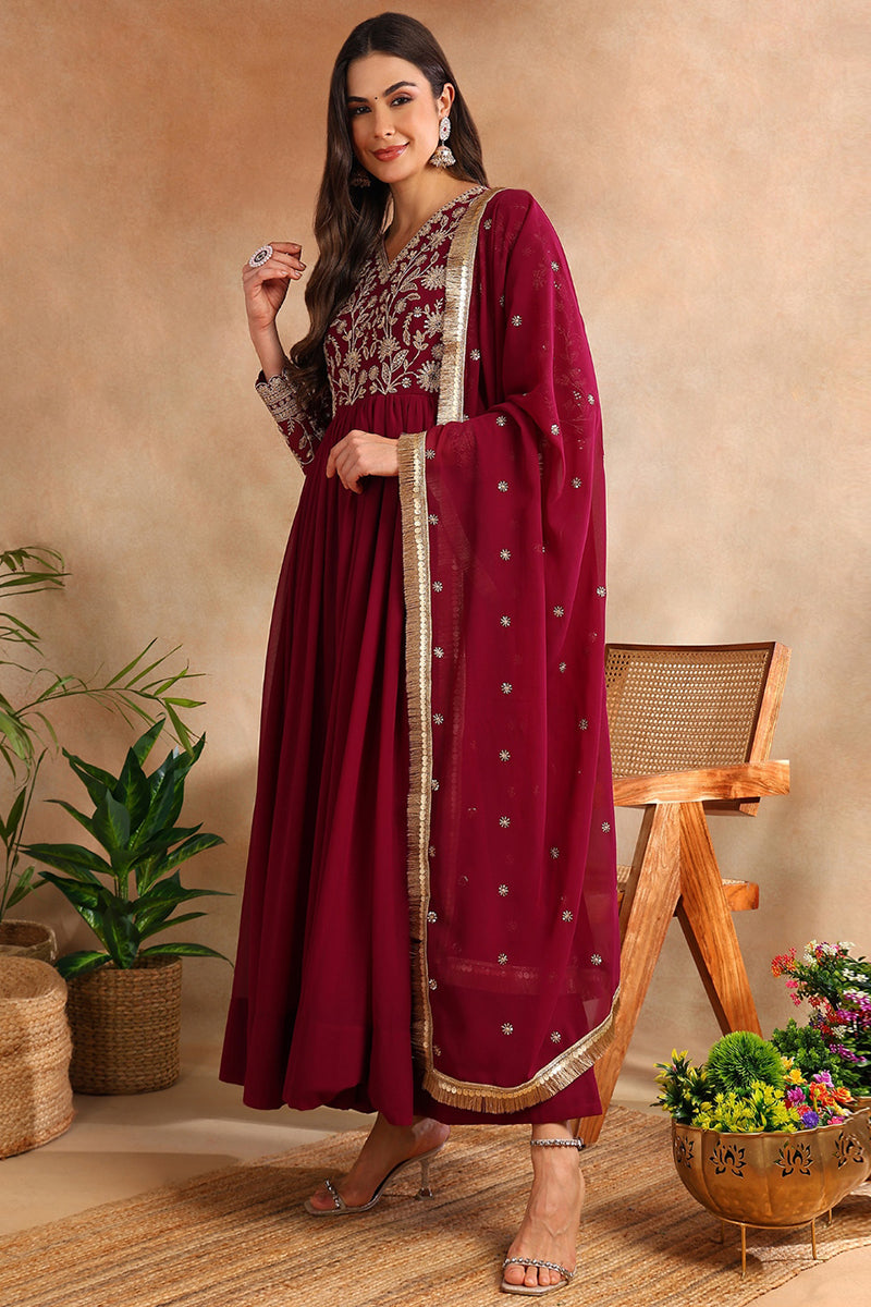 Burgundy Georgette Solid Embroidered Anarkali Gown with Dupatta  | SHOBITAM