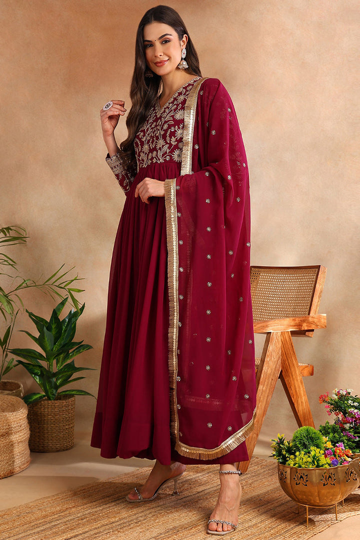 Burgundy Georgette Solid Embroidered Anarkali Gown with Dupatta  | SHOBITAM