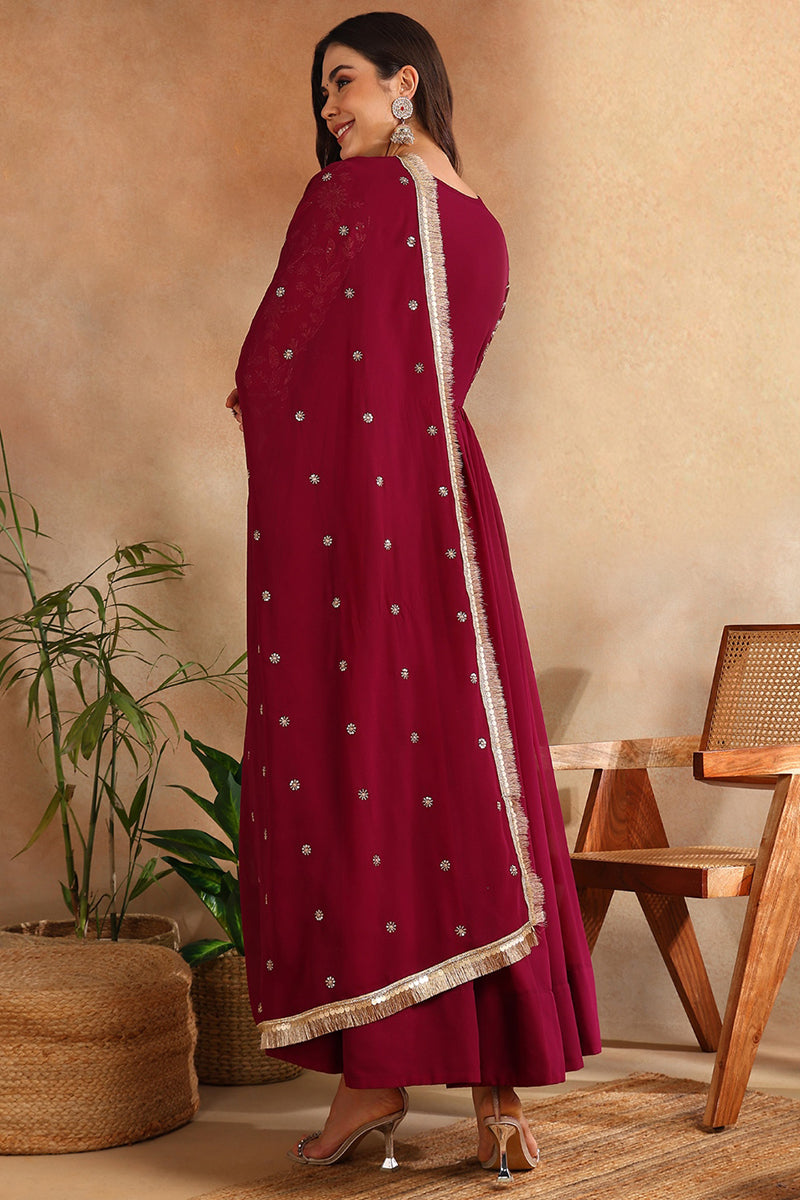 Burgundy Georgette Solid Embroidered Anarkali Gown with Dupatta  | SHOBITAM