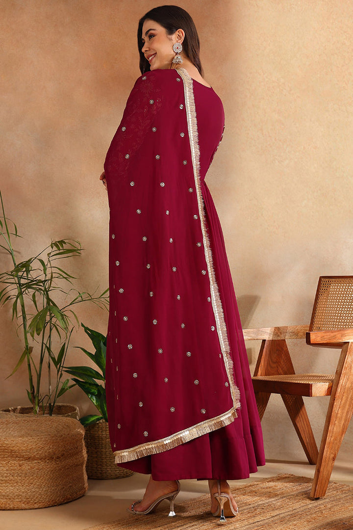 Burgundy Georgette Solid Embroidered Anarkali Gown with Dupatta  | SHOBITAM