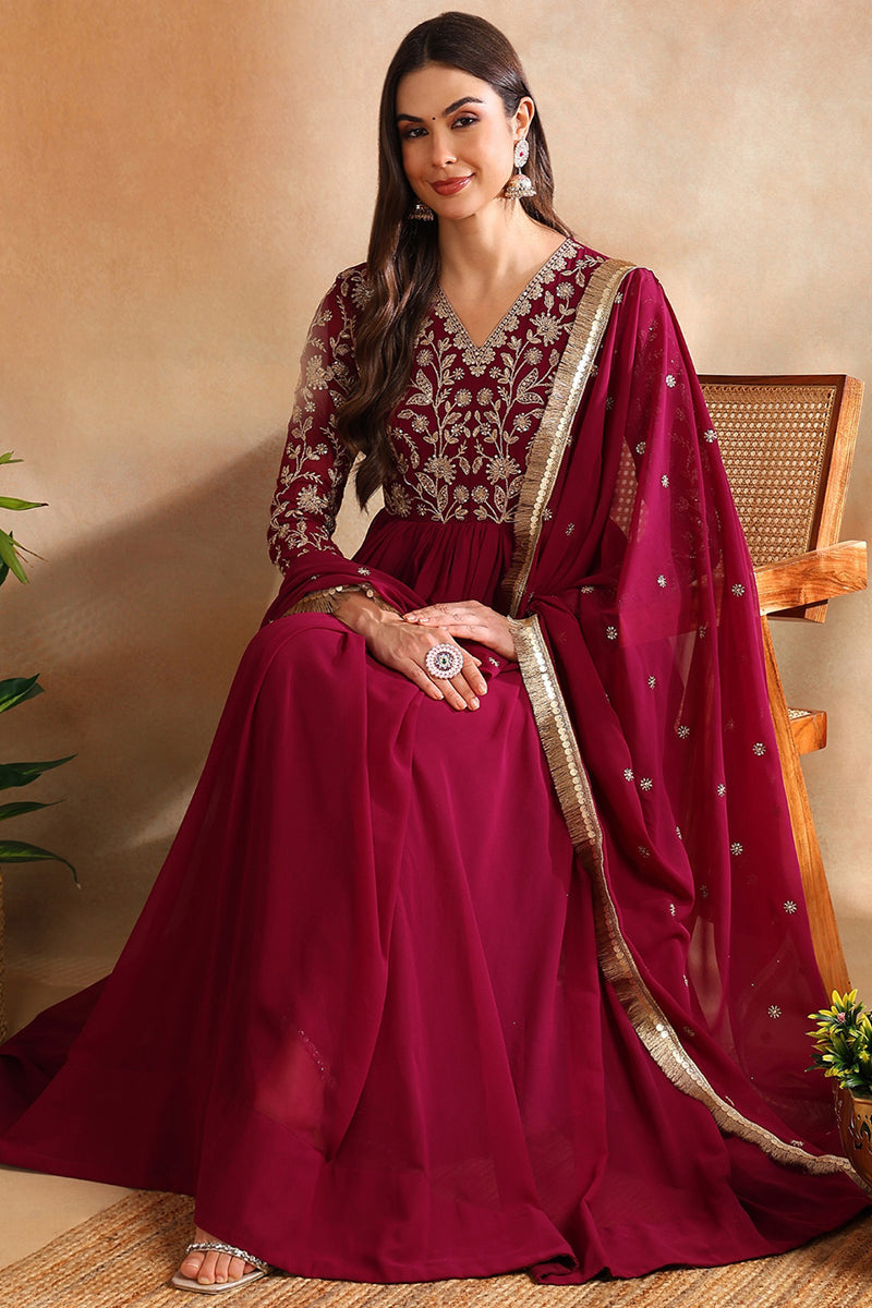 Burgundy Georgette Solid Embroidered Anarkali Gown with Dupatta  | SHOBITAM