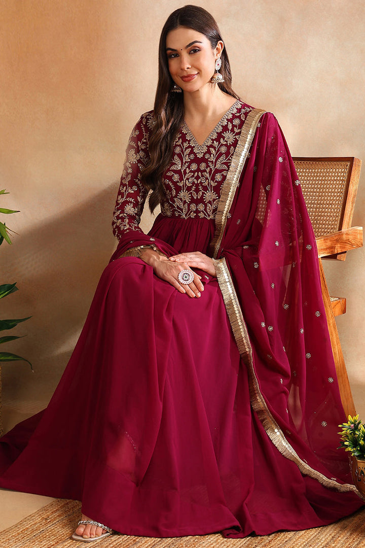 Burgundy Georgette Solid Embroidered Anarkali Gown with Dupatta  | SHOBITAM