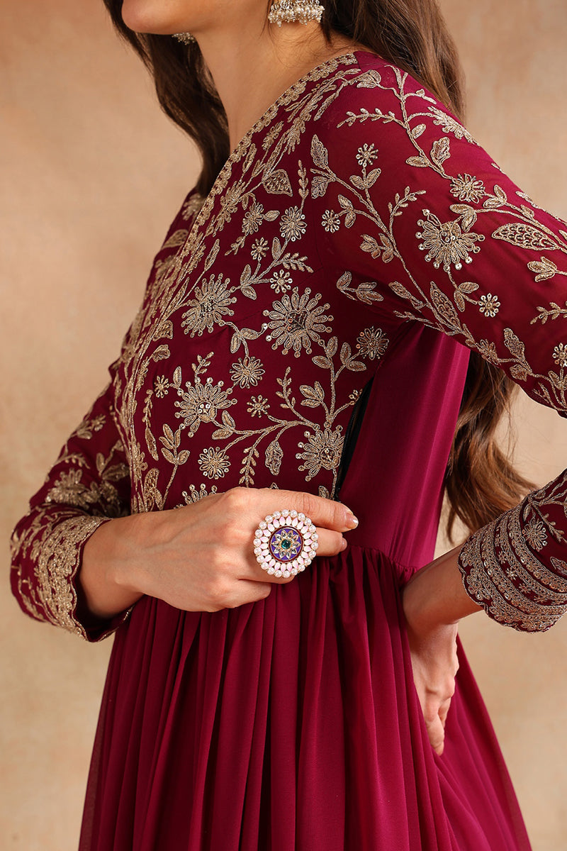 Burgundy Georgette Solid Embroidered Anarkali Gown with Dupatta  | SHOBITAM