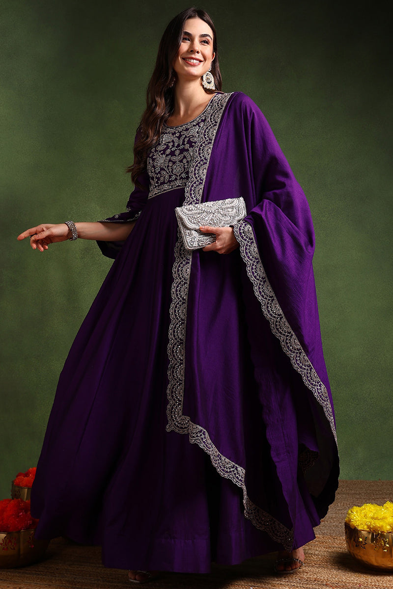 Violet Silk Blend Solid Embroidered Anarkali Gown With Dupatta | SHOBITAM