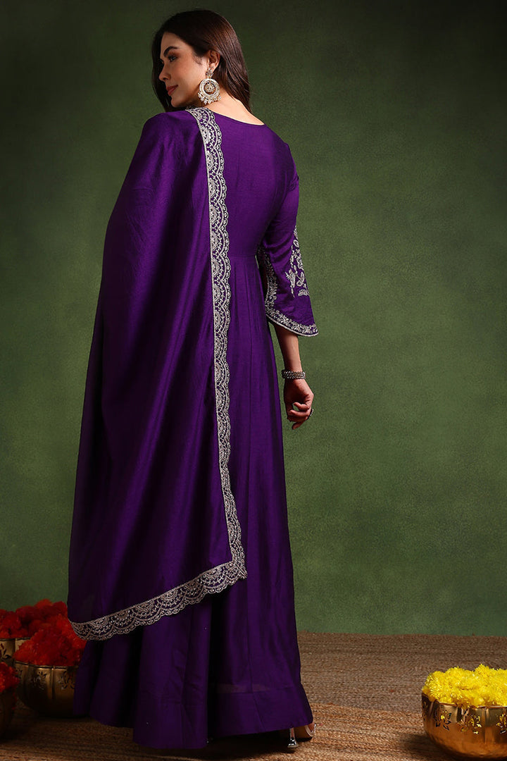 Violet Silk Blend Solid Embroidered Anarkali Gown With Dupatta | SHOBITAM