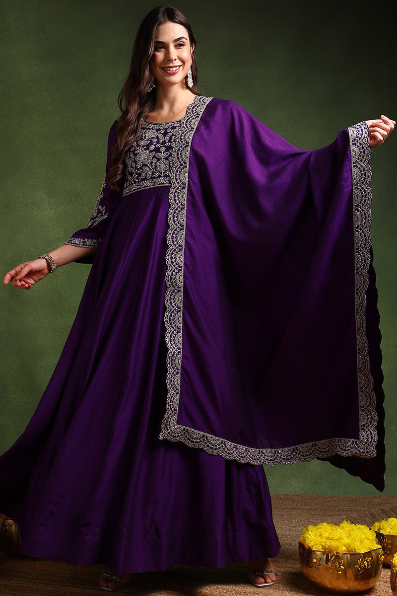 Violet Silk Blend Solid Embroidered Anarkali Gown With Dupatta | SHOBITAM