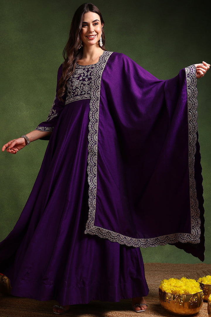 Violet Silk Blend Solid Embroidered Anarkali Gown With Dupatta | SHOBITAM