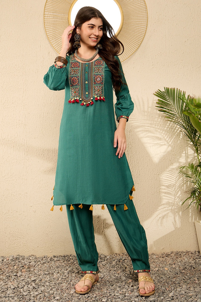 Teal Viscose Rayon Solid Embroidered Straight Salwar Kurta Set  | SHOBITAM