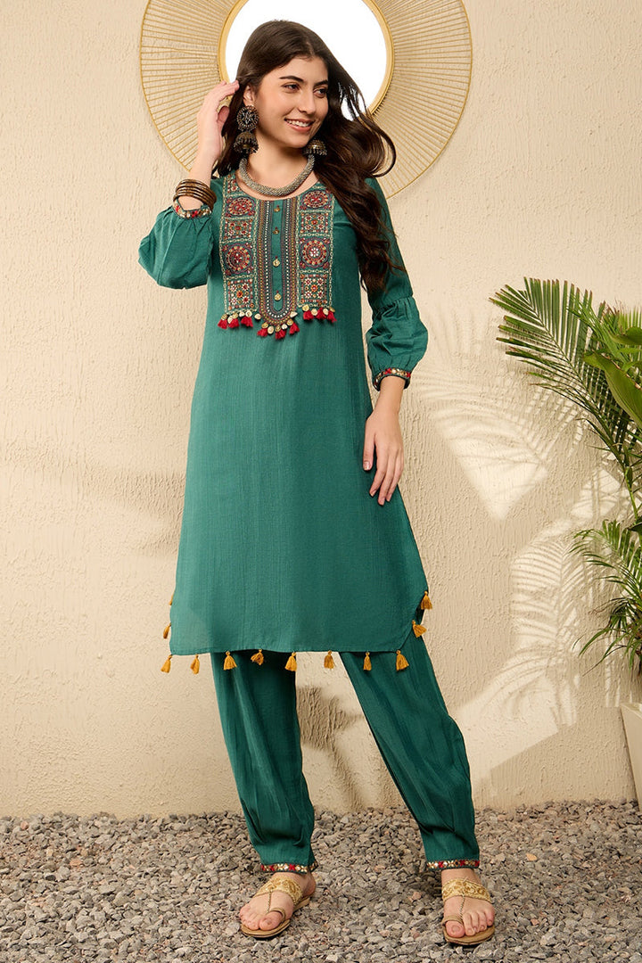 Teal Viscose Rayon Solid Embroidered Straight Salwar Kurta Set  | SHOBITAM