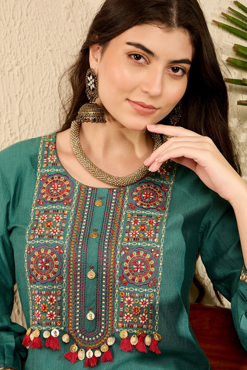 Teal Viscose Rayon Solid Embroidered Straight Salwar Kurta Set  | SHOBITAM