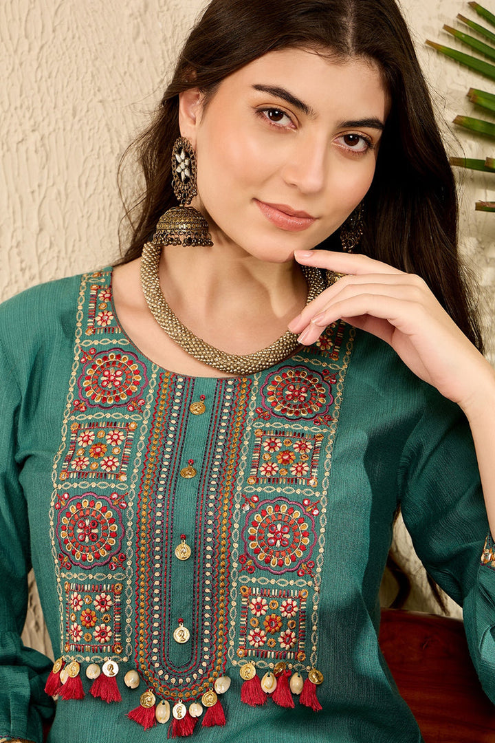 Teal Viscose Rayon Solid Embroidered Straight Salwar Kurta Set  | SHOBITAM