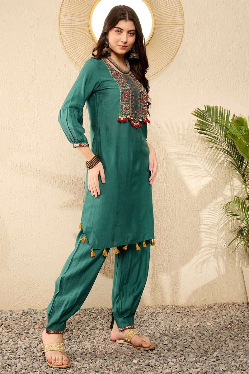 Teal Viscose Rayon Solid Embroidered Straight Salwar Kurta Set  | SHOBITAM