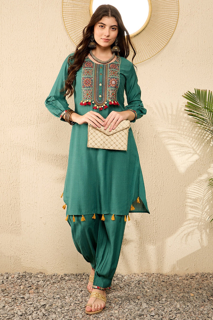 Teal Viscose Rayon Solid Embroidered Straight Salwar Kurta Set  | SHOBITAM