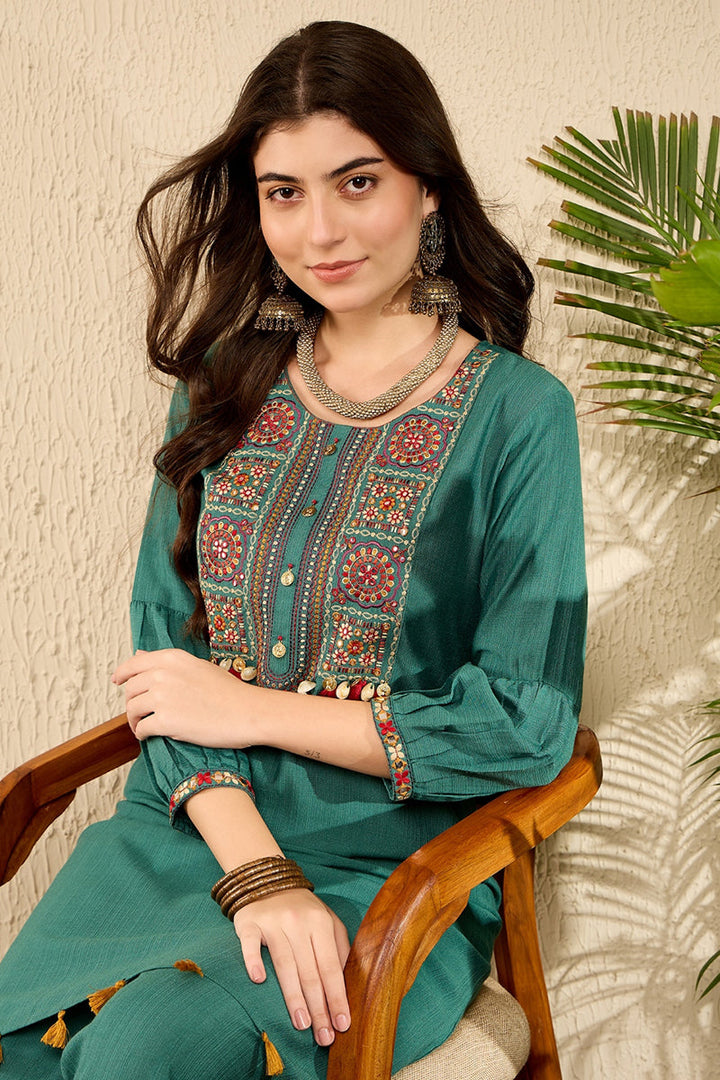 Teal Viscose Rayon Solid Embroidered Straight Salwar Kurta Set  | SHOBITAM