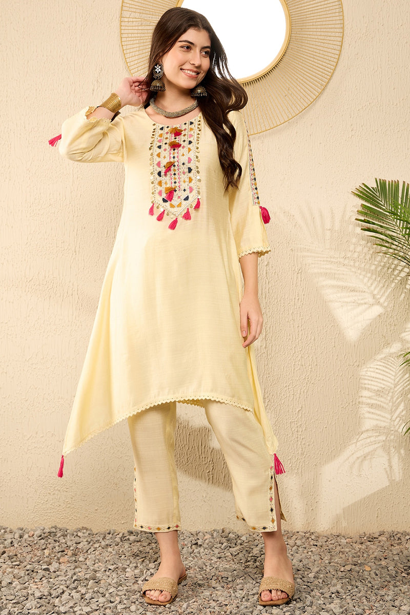 Yellow Viscose Rayon Solid Embroidered A-Line Trouser Kurta Set | SHOBITAM