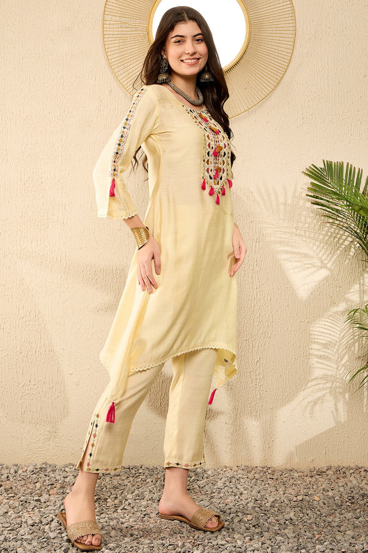 Yellow Viscose Rayon Solid Embroidered A-Line Trouser Kurta Set | SHOBITAM