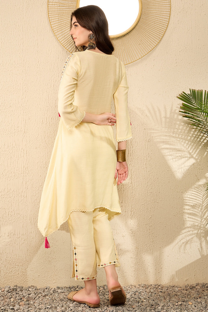 Yellow Viscose Rayon Solid Embroidered A-Line Trouser Kurta Set | SHOBITAM