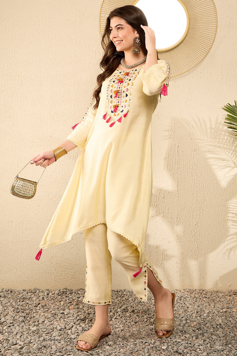 Yellow Viscose Rayon Solid Embroidered A-Line Trouser Kurta Set | SHOBITAM