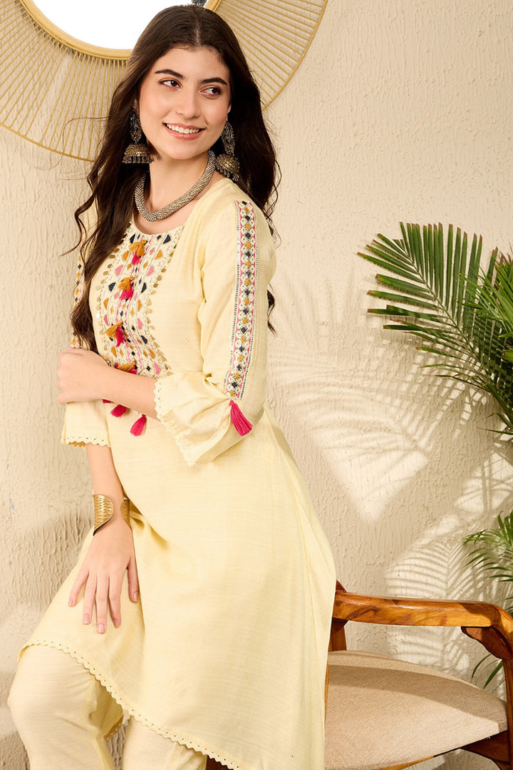 Yellow Viscose Rayon Solid Embroidered A-Line Trouser Kurta Set | SHOBITAM