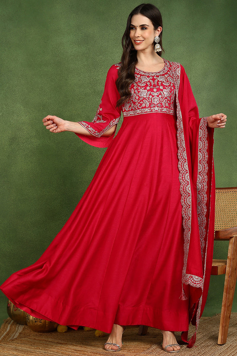 Pink Silk Blend Solid Embroidered Anarkali Kurta Set | SHOBITAM