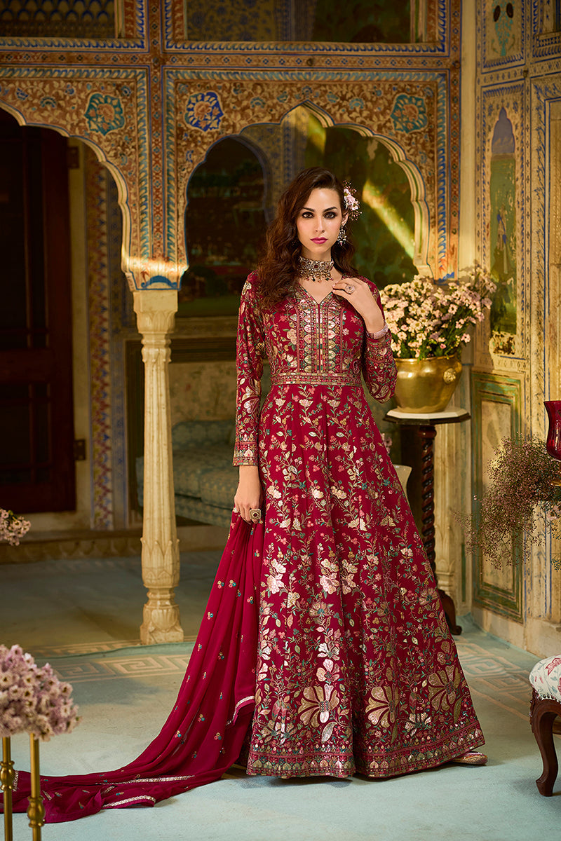 Pink Georgette Solid Embroidered Anarkali Gown with Dupatta | SHOBITAM