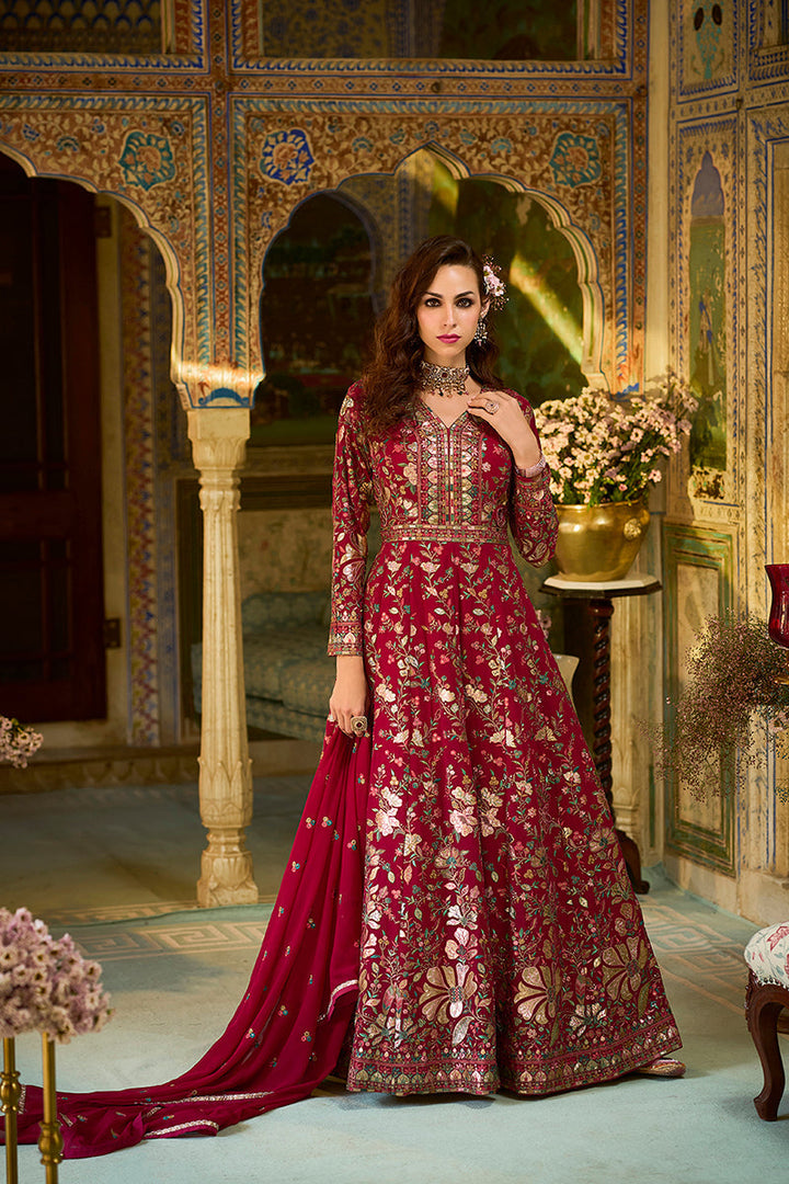 Pink Georgette Solid Embroidered Anarkali Gown with Dupatta | SHOBITAM