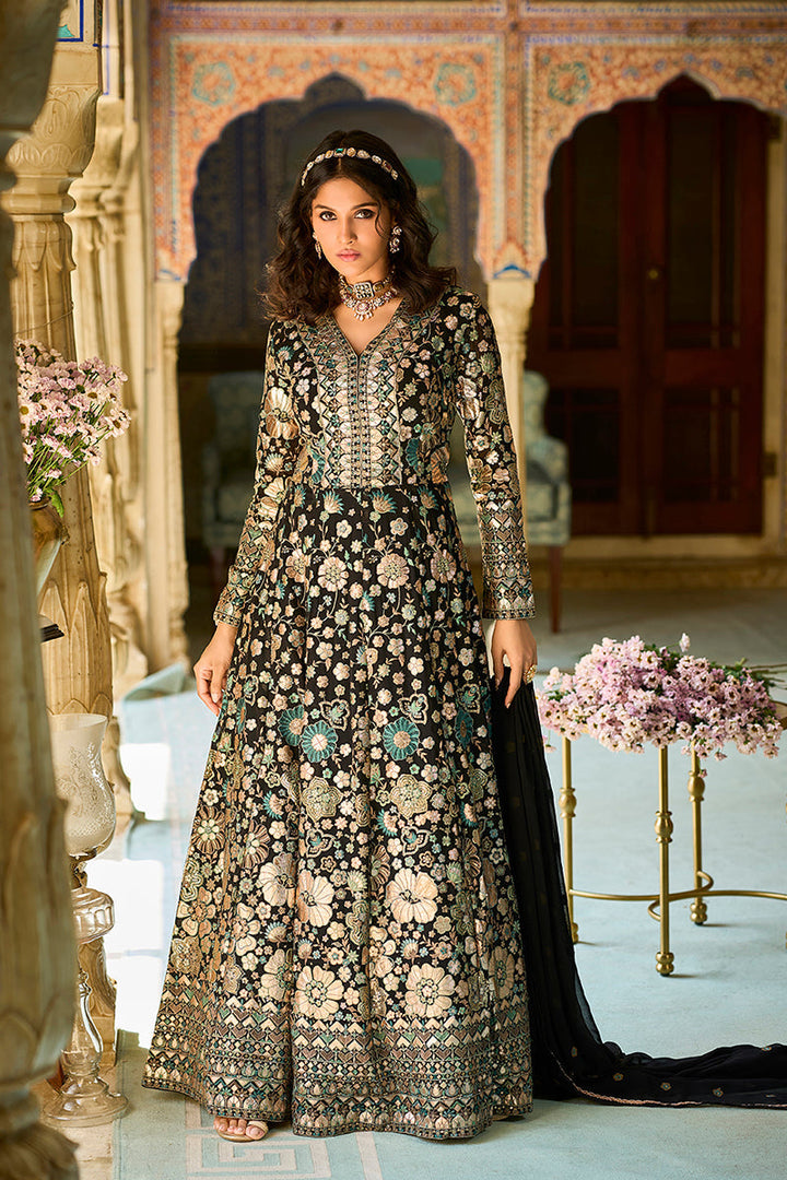 Black Georgette Solid Embroidered Anarkali Gown with Dupatta | SHOBITAM
