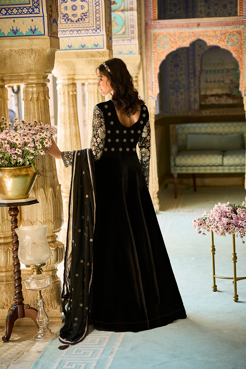 Black Georgette Solid Embroidered Anarkali Gown with Dupatta | SHOBITAM