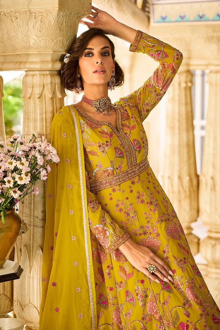 Mustard Georgette Solid Embroidered Anarkali Gown with Dupatta | SHOBITAM