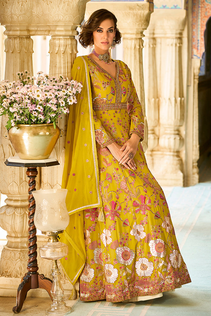 Mustard Georgette Solid Embroidered Anarkali Gown with Dupatta | SHOBITAM