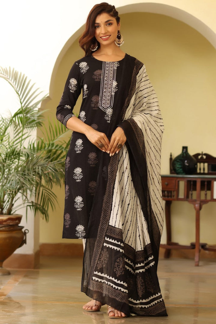 Women Black & White Rayon Blend Printed Kurta with Trousers & Dupatta | SHOBITAM