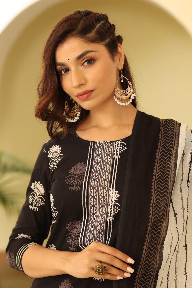 Women Black & White Rayon Blend Printed Kurta with Trousers & Dupatta | SHOBITAM
