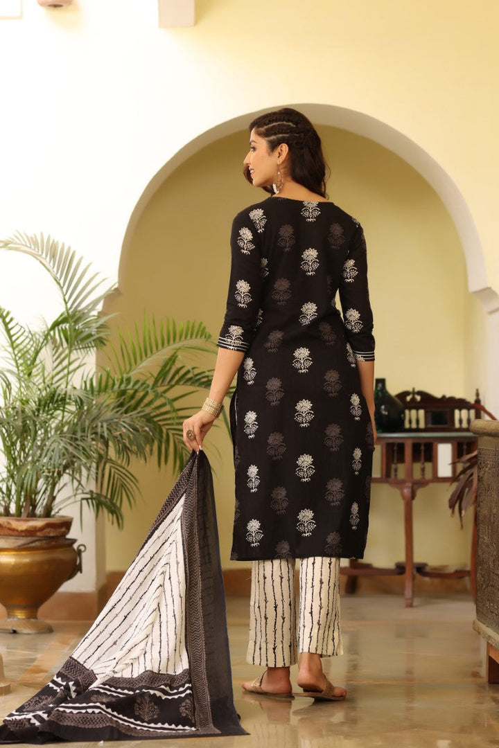 Women Black & White Rayon Blend Printed Kurta with Trousers & Dupatta | SHOBITAM