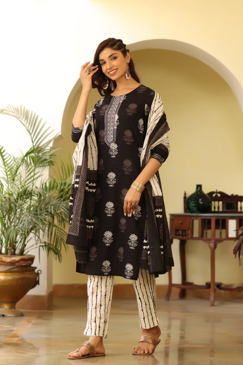 Women Black & White Rayon Blend Printed Kurta with Trousers & Dupatta | SHOBITAM