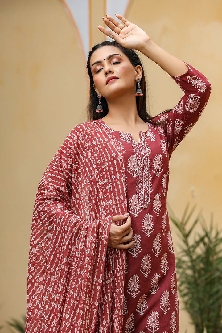 Burgundy Rayon Blend Straight Suit Set | SHOBITAM