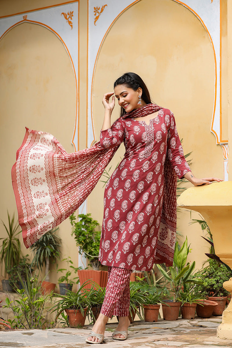 Burgundy Rayon Blend Straight Suit Set | SHOBITAM