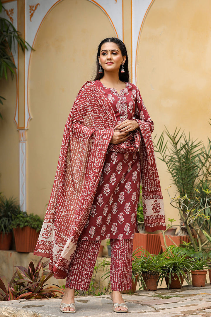 Burgundy Rayon Blend Straight Suit Set | SHOBITAM