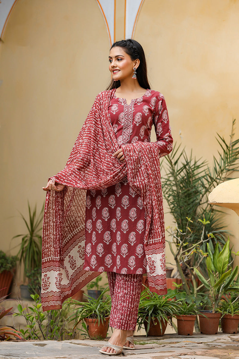 Burgundy Rayon Blend Straight Suit Set | SHOBITAM