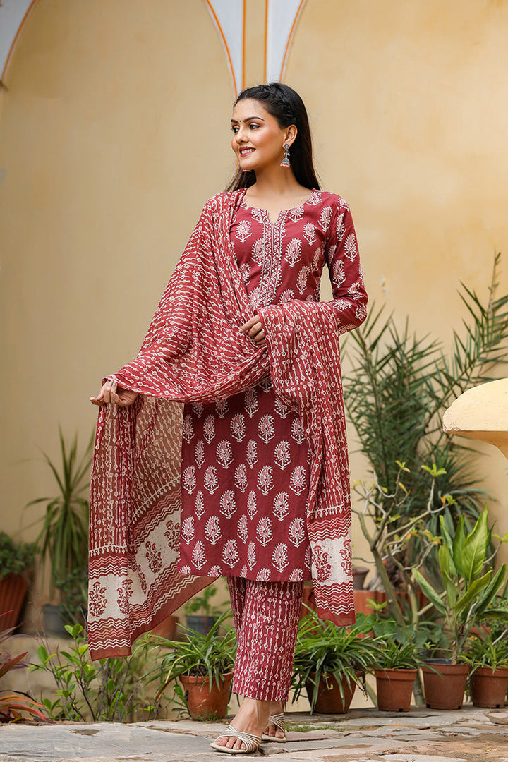 Burgundy Rayon Blend Straight Suit Set | SHOBITAM